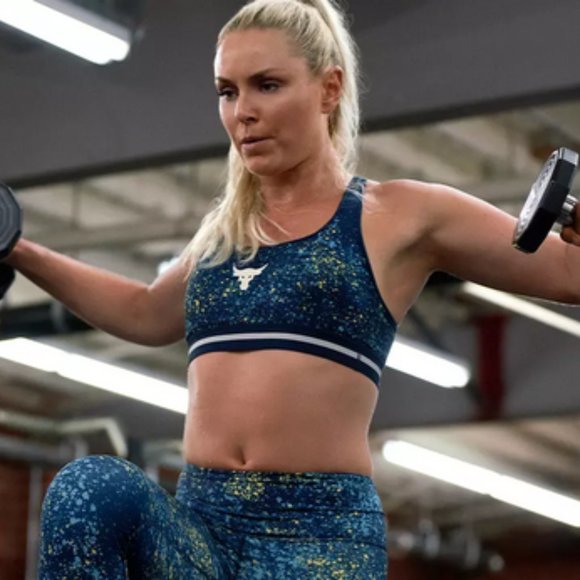 Under Armour Project Rock Printed CROSSBACK Sports Bra in Academy - Picture 7 of 14